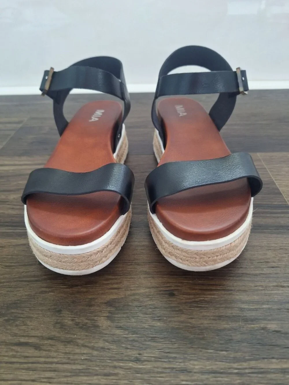 💙 MIA Black Espadrille Platform Size 9 Sandals Ankle Strap Boho Wedge Comfy